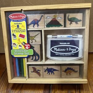 Melissa And Doug Dinosaur Wood Stamp Set 8 Stamps 5 Colored Pencils 2 Stamp Pads